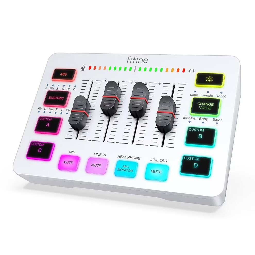 Audio Interface with RGB Lights,Slider Fader for Podcast Streaming Gaming,PC Audio Mixer,Stream Deck with XLR Microphone Input,Voice Effects for Music