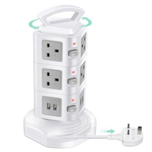 【Retractable】GLCON Tower Power Strip with USB 4 Ports Surge Protector Extension Lead 3M 10 Way Outlets Multi Plug Individual Switches Electric