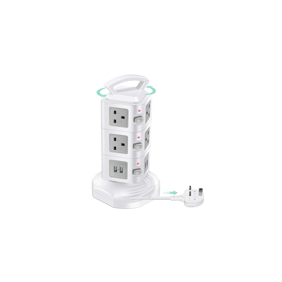 【Retractable】GLCON Tower Power Strip with USB 4 Ports Surge Protector Extension Lead 3M 10 Way Outlets Multi Plug Individual Switches Electric