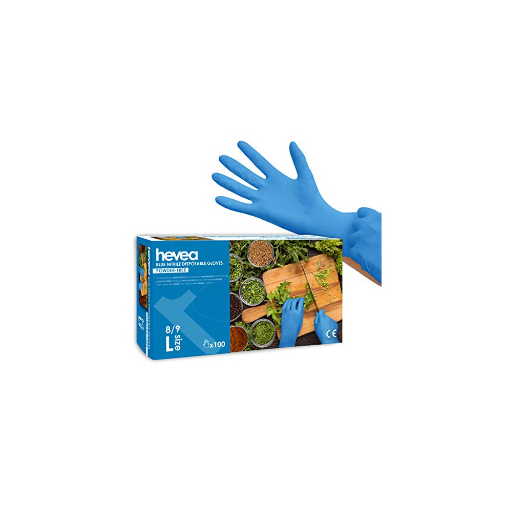 Nitrile Blue Disposable Gloves, Powder-free, Size L, 100 gloves (Previously Hevea Brand)