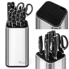 Joejis Universal Knife Block Without Knives with Extra Slots for Scissors & Sharpening Rod, Rustproof Stainless Steel Kitchen Knife Holder