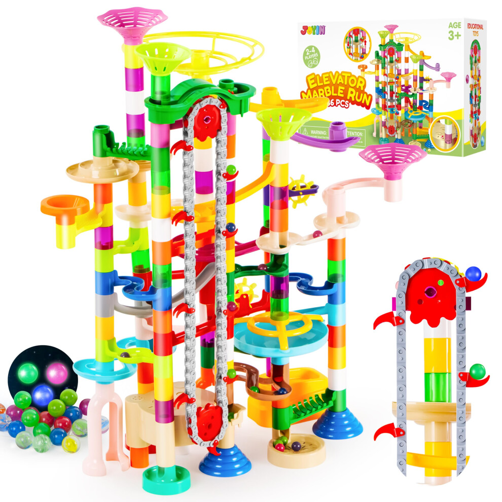 236Pcs Glowing Marble Run with Motorized Elevator- Construction Building Blocks Toys with 30 Glow in The Dark Plastic Marbles, STEM Gifts for Boys and