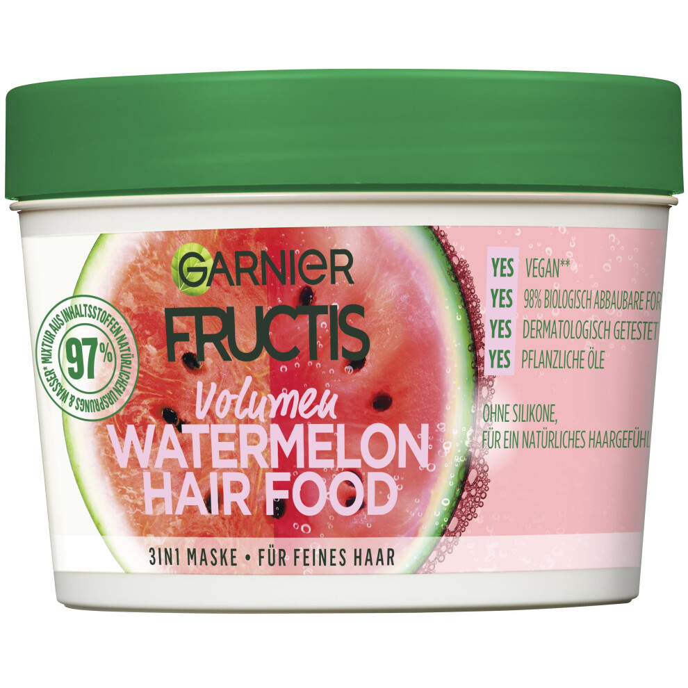 Hair Mask, Watermelon Hairfood, Moisturising 3-in-1 Mask, Gently Detangles Fine Hair and Gives Unrivalled Shine, Fructis, 390 ml