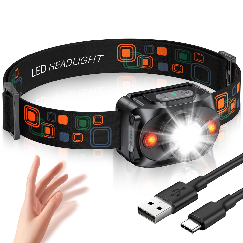 Photos - Flashlight Head Torch Rechargeable,  LED Headlamp with Motion Sensor, 6 Lighting Modes & IPX4 Waterproof Headlight, 2000m[Ultra Bright]