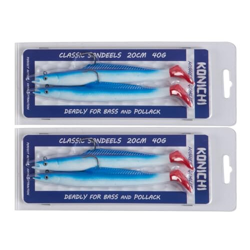- 4 (2 x 2) Pack KONICHI CLASSIC SANDEEL Fishing Lure 8" 20cm 40g Soft Rubber Imitation Bait Range (6 Colours Available) For Predatory Fishing (Bluey)