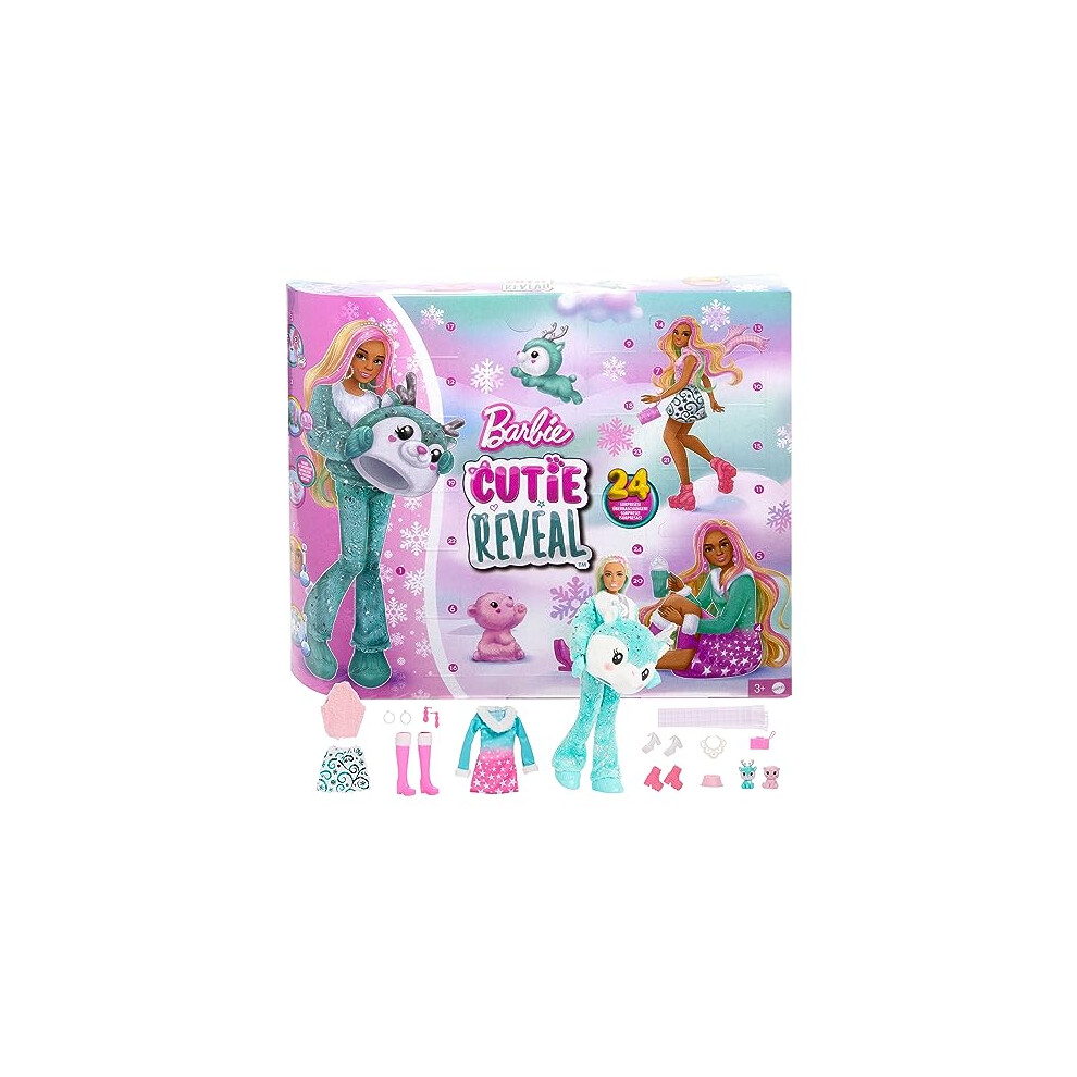 Barbie Cutie Reveal Advent Calendar With Doll & 24 Unboxing Surprises, Holiday Advent Calendar With Color Change, Hjx76