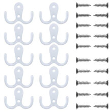 10 Pieces Double Prong Robe Coat Hook Retro Cloth Hanger with 20 Pieces Screws (White)