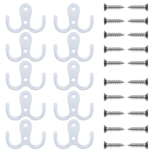 10 Pieces Double Prong Robe Coat Hook Retro Cloth Hanger with 20 Pieces Screws (White)