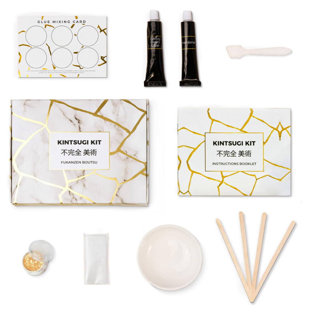 Kintsugi Repair Kit – Repair Ceramic Bowls with Gold Powder Resin Glue, Bring Japanese Art to Your Home – Kintsugi Kits Comes with a Practice Bowl