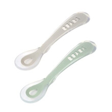 BÉABA - Silicone Spoon for Baby and Children - Set of 2 - Stage 2 - Soft - with Carrying case - Ergonomic Handle - Velvet Grey/sage Green