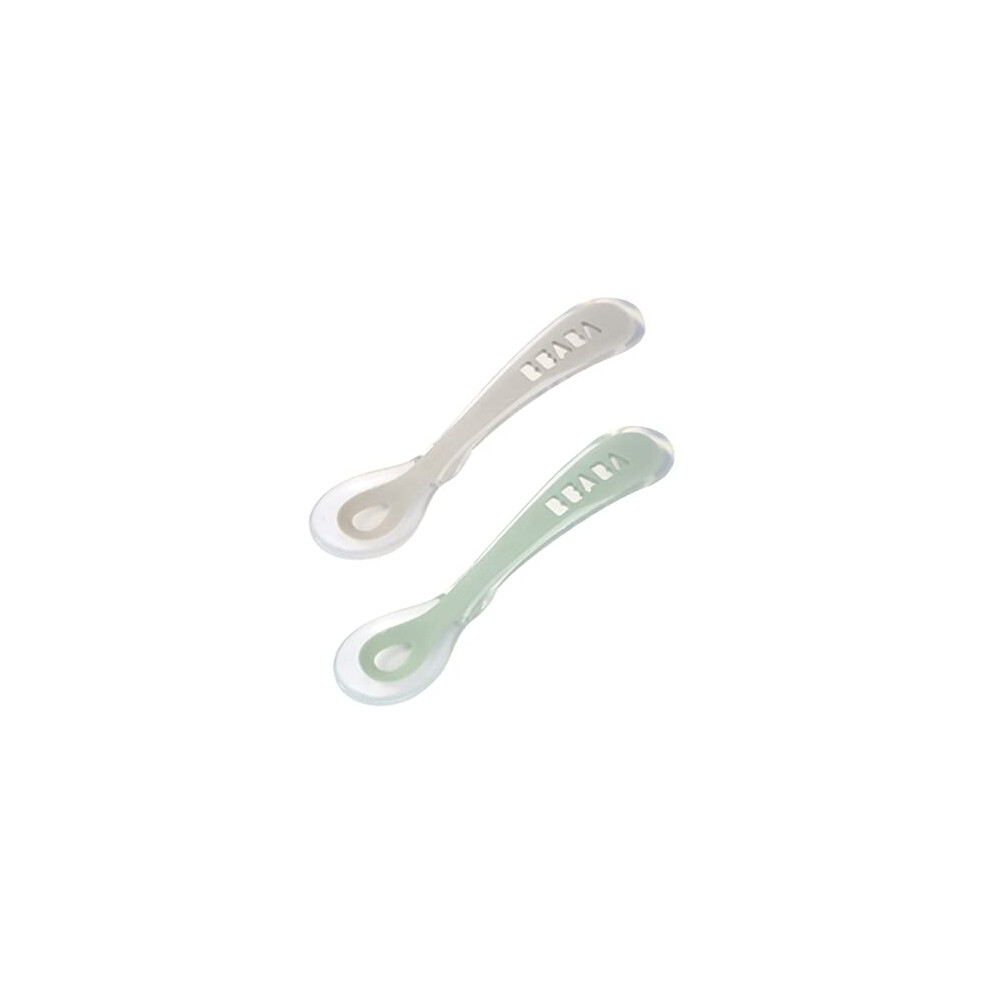 BÃABA - Silicone Spoon for Baby and Children - Set of 2 - Stage 2 - Soft - with Carrying case - Ergonomic Handle - Velvet Grey/sage Green