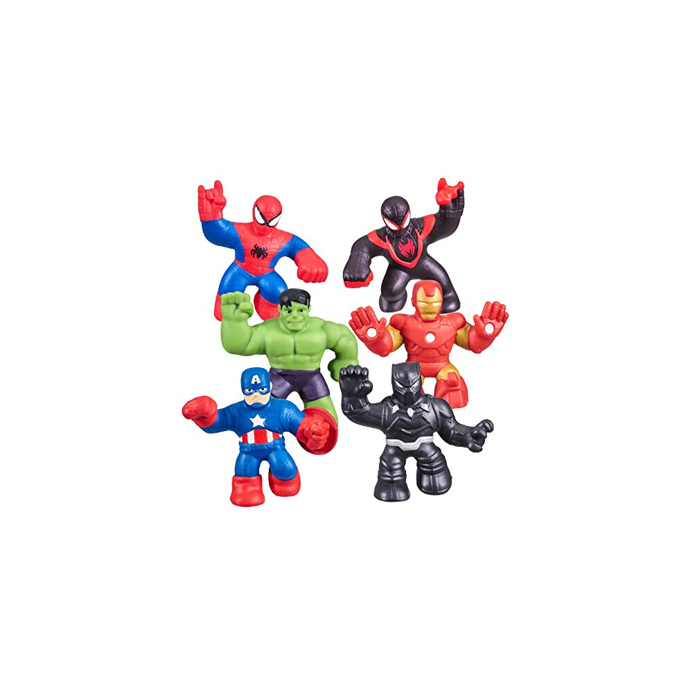 Marvel Mega Mini 6 Pack - Squishy, Stretchy, Gooey Mini Heroes - Ironman, Spider-Man, Captain America, Miles Morales, Hulk and Black Panther