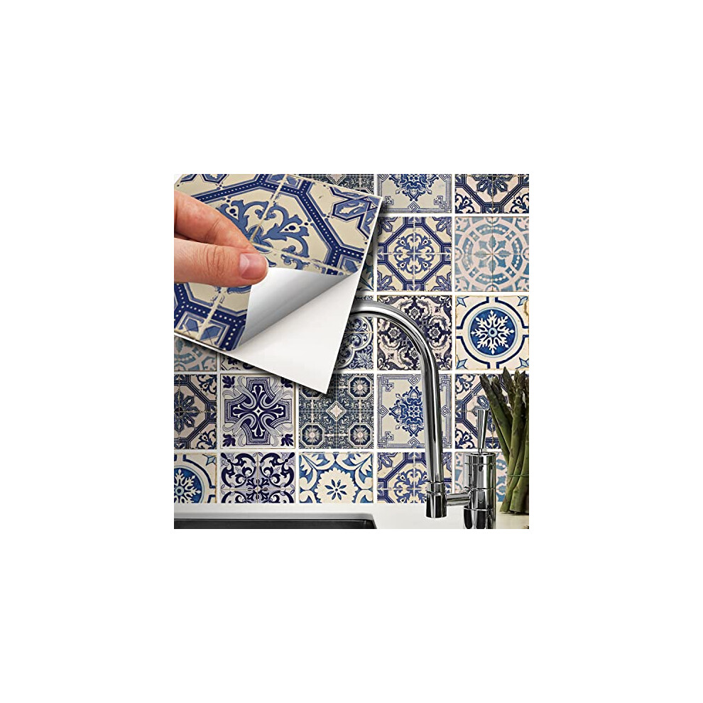 15Cm(6") 24 Pcs Tile Stickers Malaga Spanish Blue Peel And Stick Backsplash Self- Adhesive Decal Vinyl Home Decors Diy Splashback Spring Easter 5060690847885