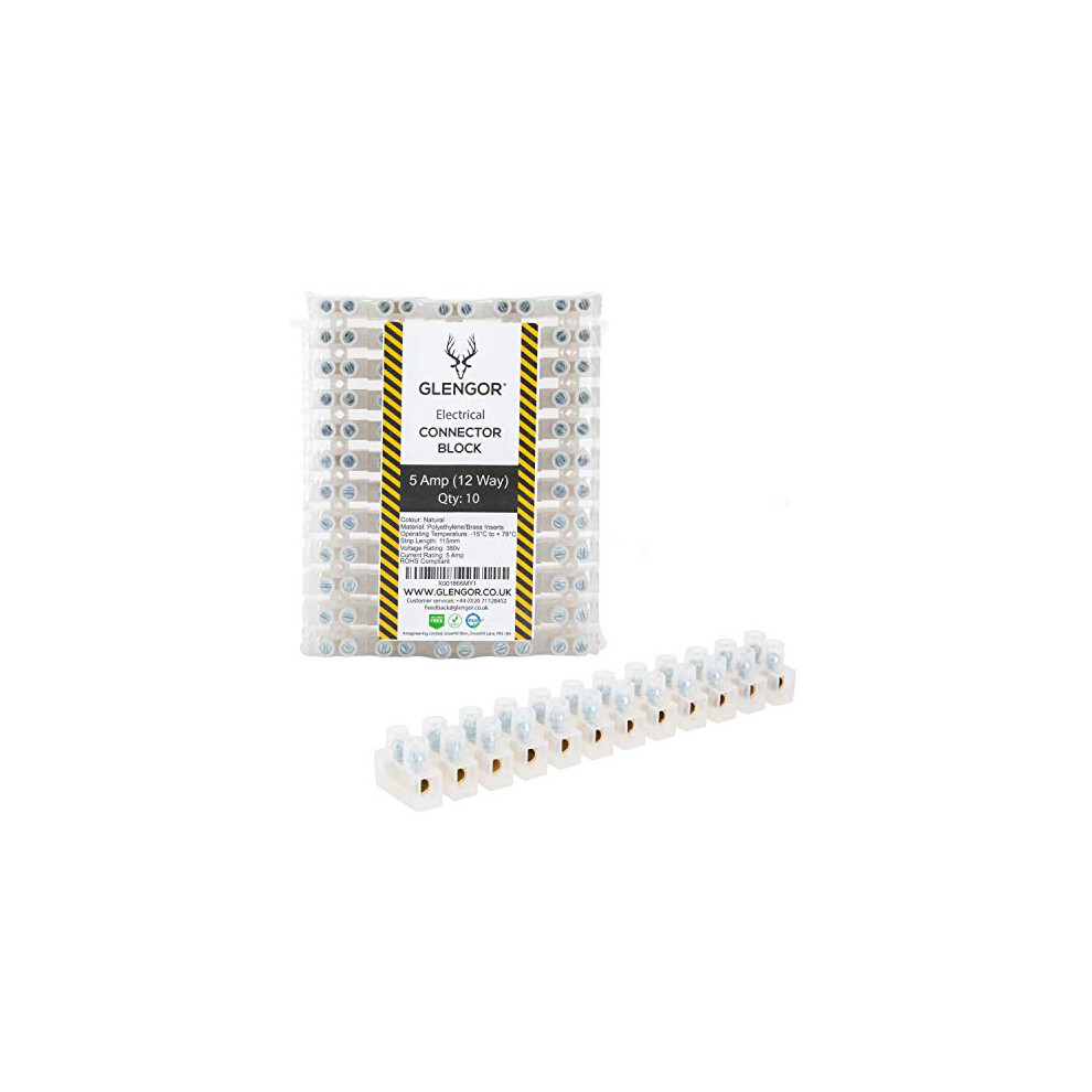 5 Amp Terminal Block Connector Strip | Pack Of 10 | 12 Way | Electrical Connector Strips, Clear | Brass Terminals 5060833460018