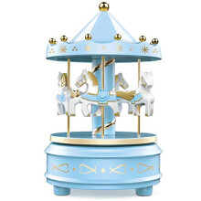 Carousel Music Box - Easy Twist, Blue - 4 Horse Classic Decor, Melody Beethoven's Fur Elise. Fall Asleep to Music Lights or Decorate Your Cake