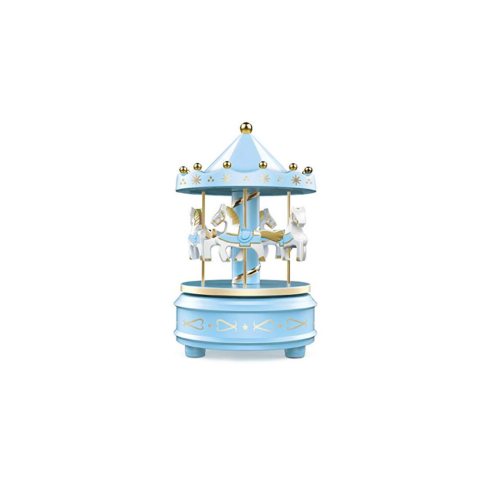 Carousel Music Box - Easy Twist, Blue - 4 Horse Classic Decor, Melody Beethoven's Fur Elise. Fall Asleep to Music Lights or Decorate Your Cake