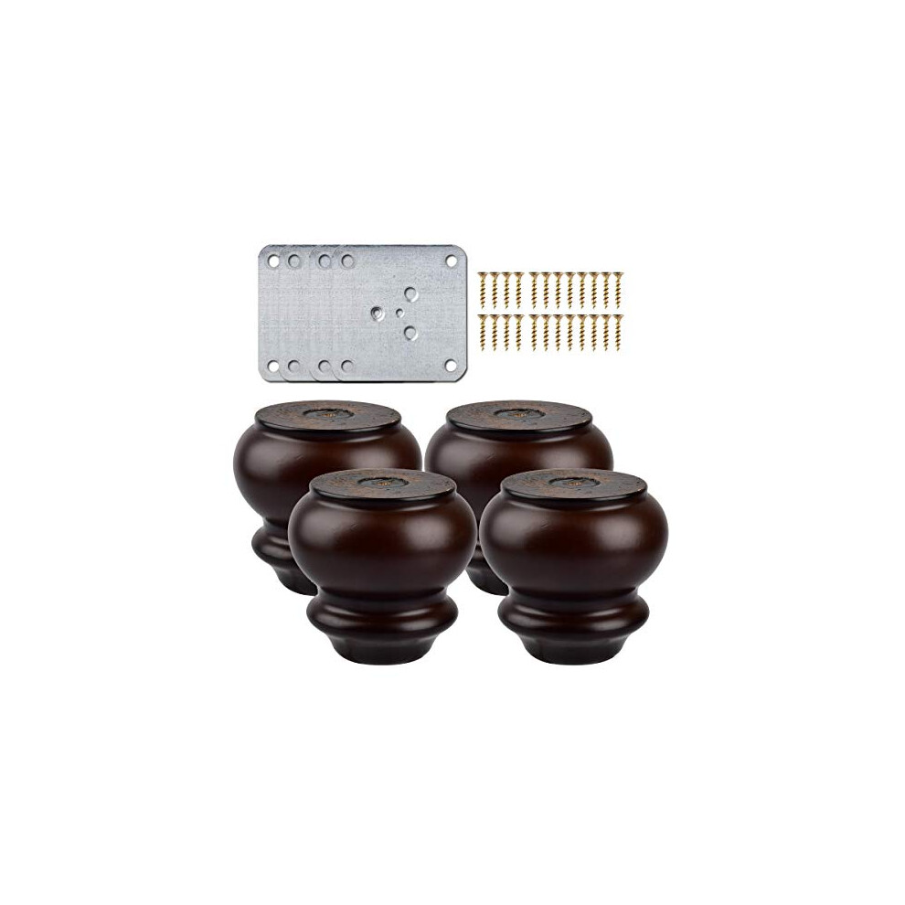3 Inch / 8Cm Wooden Furniture Legs, La Vane Set Of 4 Walnut Wood Round Gourd Replacement Bun Feet With Mounting Plate & Screws For Sofa Chair Couch 8789259463539