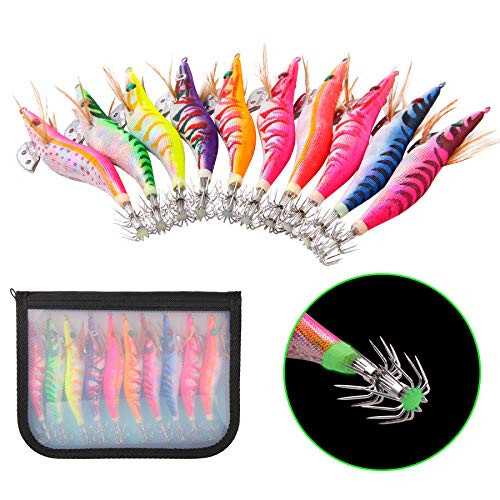 Luminous Squid Jig Hook Saltwater Fishing Lures 10pcs Shrimp Prawn Lures Hard Bait Artificial Fishing Lure Set for Octopus Cuttlefish(3.0#-10PCS)