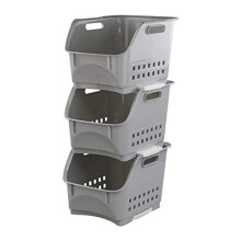 Set of 3 Kitchen Storage Plastic Stackable Storage Baskets, Gray Stacking Basket