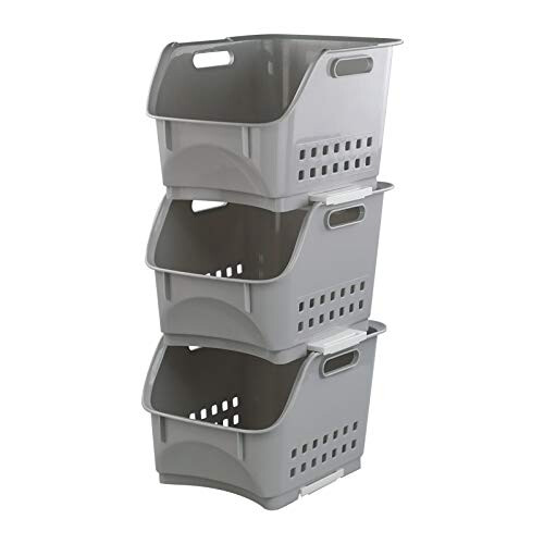 Set of 3 Kitchen Storage Plastic Stackable Storage Baskets, Gray Stacking Basket