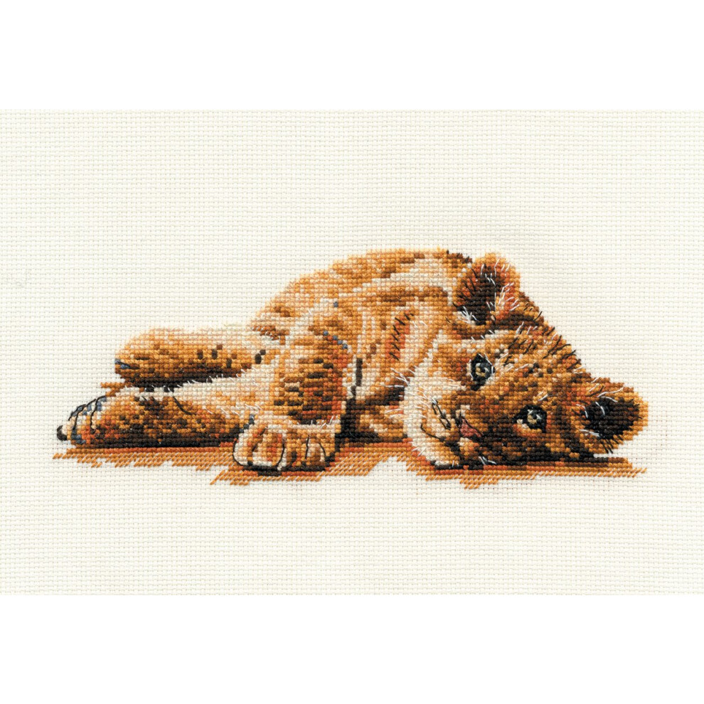 Reclining Lion Cub, Includes Aida Fabric, Needle, Embroidery Threads and Instructions