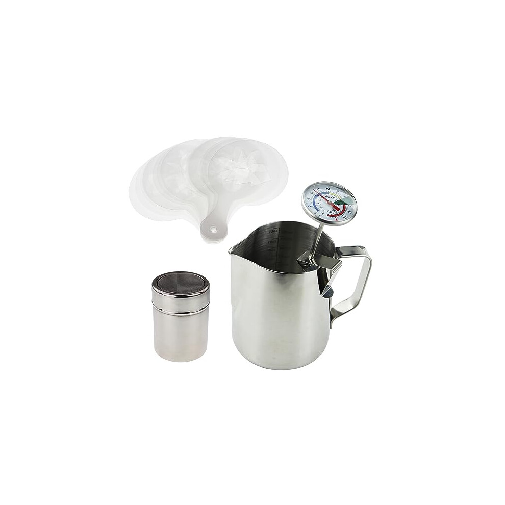 Barista Kit Includes Milk Thermometer, 600ml Milk Jug, Cocoa Shaker and 16 pc Stencil Set - Ideal for Coffee Latte Cappuccino Mocha