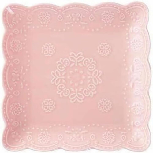 Elegant Square Embossed Lace Plate, Ceramic Serving Plate for Breakfast Afternoon Tea (Pink, 8-inch)