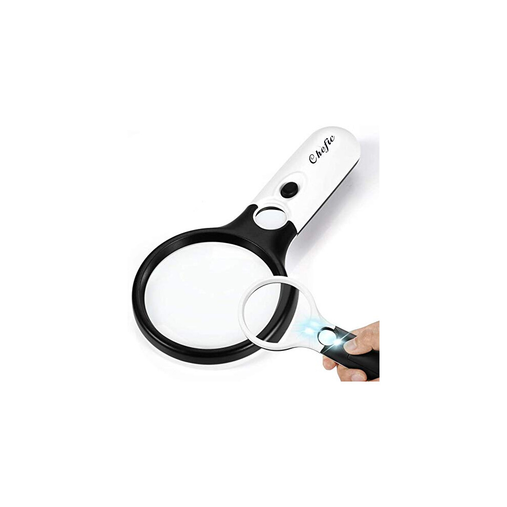 Magnifying Glass with 3 LED Lights, Chefic Handheld Illuminated Magnifier 3X 45X Magnification, Super High Clarity Lightweight Exploring & Reading Aid
