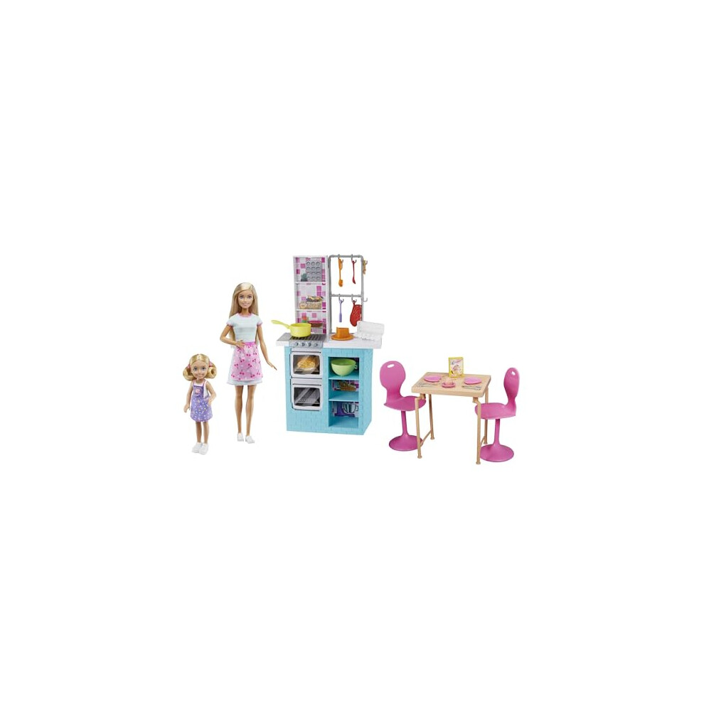 Sisters Baking Playset with Barbie Doll & Chelsea Doll, Kitchen Pieces, Dining Set & 15+ Accessories, Gift for 3 to 7 Year Olds, HBX03