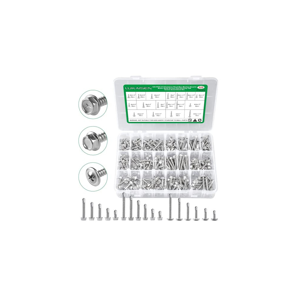325Pcs Self Drilling Screws Assortment Kit 410 Stainless Steel Self Tapping Sheet Metal Tek Screws For Metal Truss & Hex Washer Head #8#10-1/2"" 8432285438834