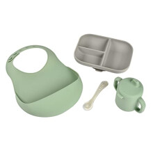 BEABA, Silicone Meal Set, Baby Food Set, Tableware Silicone, Bib Silicone Bebe, Spoon Silicone, Cup Silicone Bebe, Plate compartmentalized, Green Sage