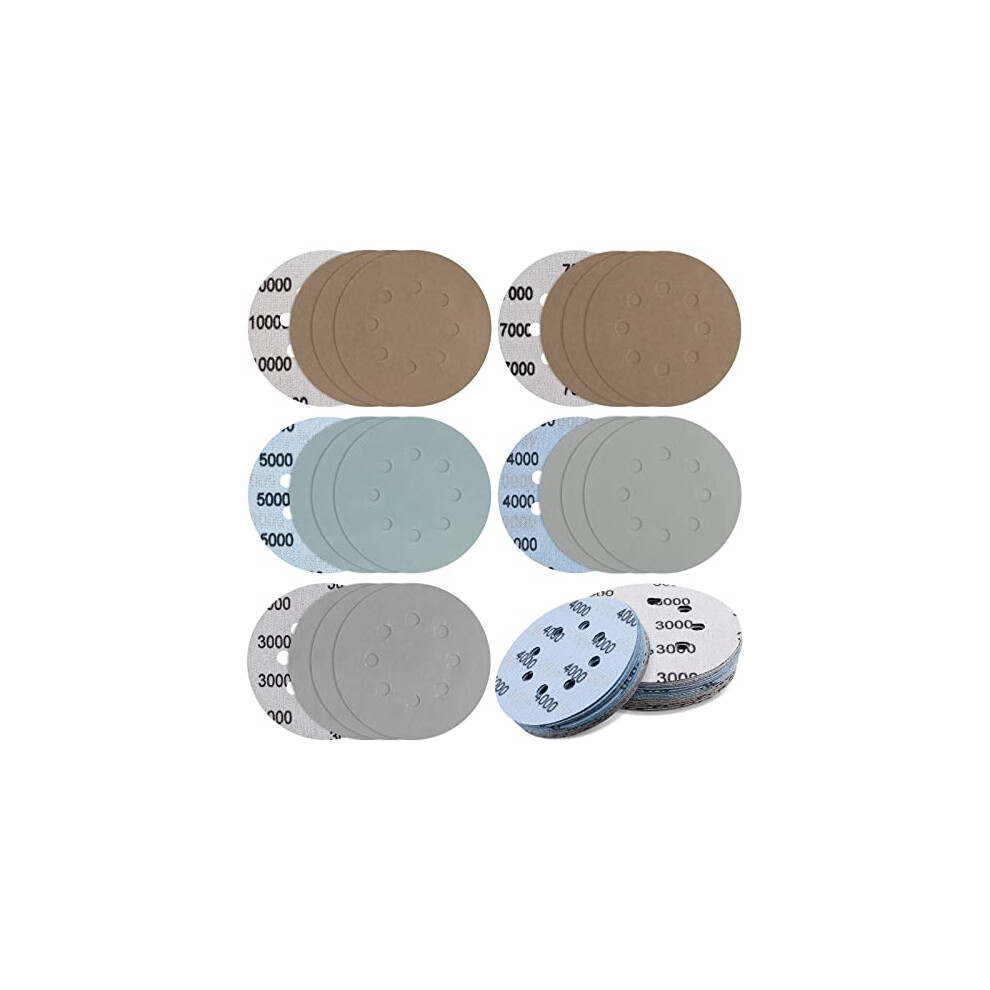 20 Pcs 8 Holes 125mm Sanding Discs 3000/4000/5000/7000/10000 Grit, JatilEr Wet and Dry Sanding Discs Velcro Rotary Sandpaper, Polishing Discs, Orbital