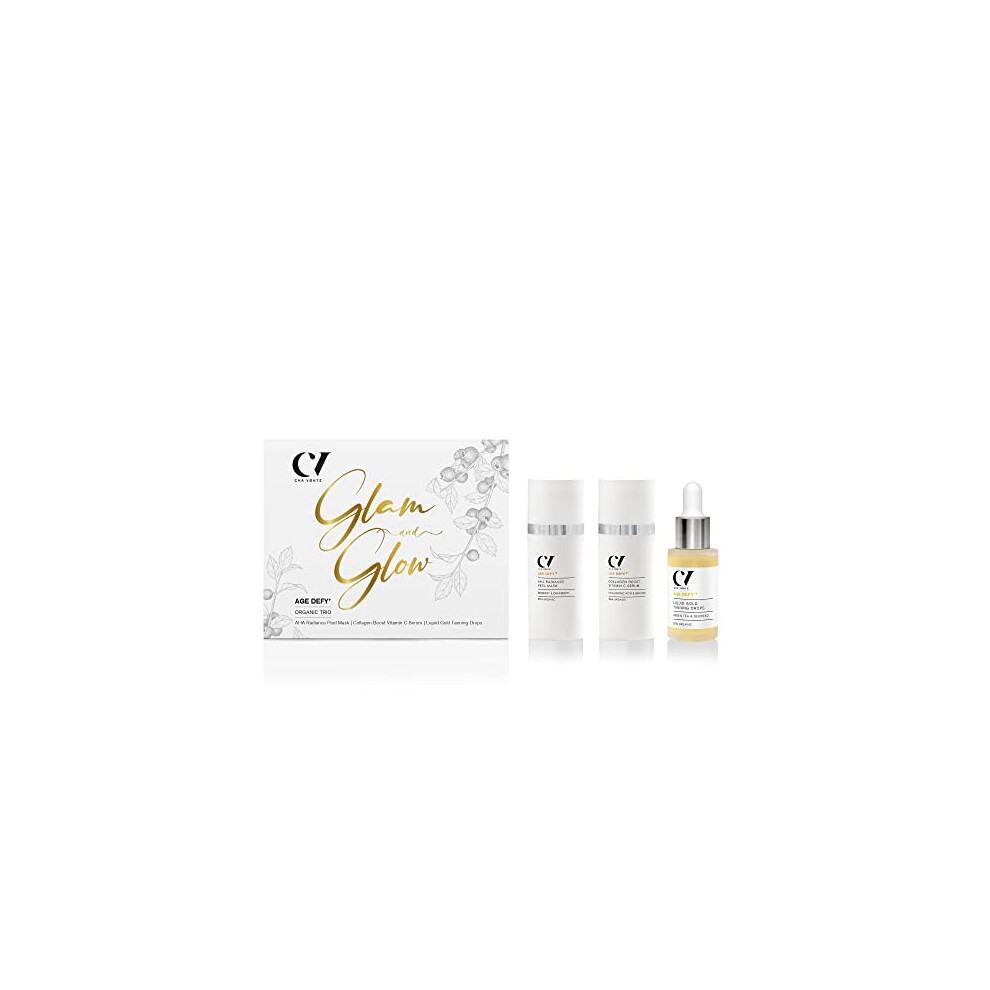 Defy+ Glam and Glow Organic Trio | Natural & Anti-Ageing Facial Gift Set by Cha VÃ¸htz | AHA Mask, Vitamin C Serum Tanning Drops | Paraben Free Ethyl