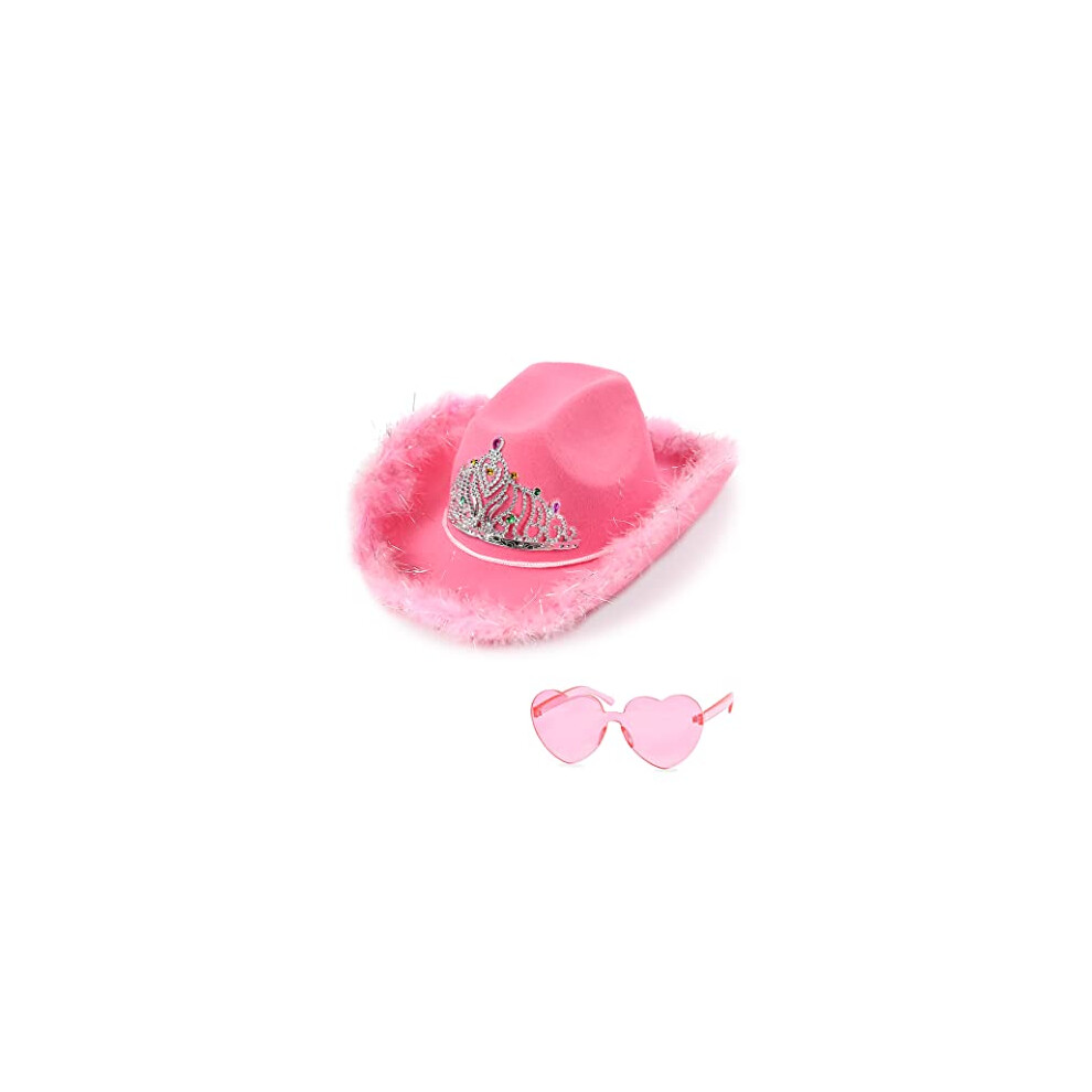 Jianglai Cowboy Hat With Heart Shaped Sunglasses - Feather Cowgirl Hat For Halloween, Bachelorette Party (Pink)