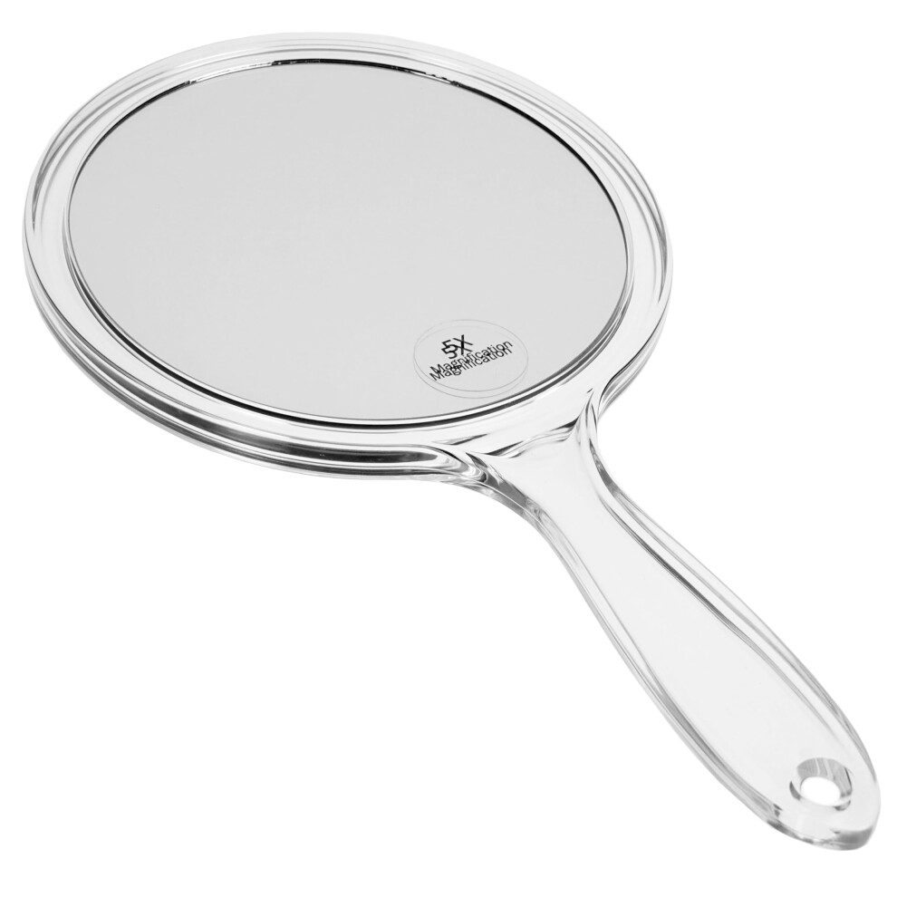 Hand-held Mirror with Handle - Double-Sided Normal and 5x Magnification Diameter 15 cm Length 27 cm Acrylic