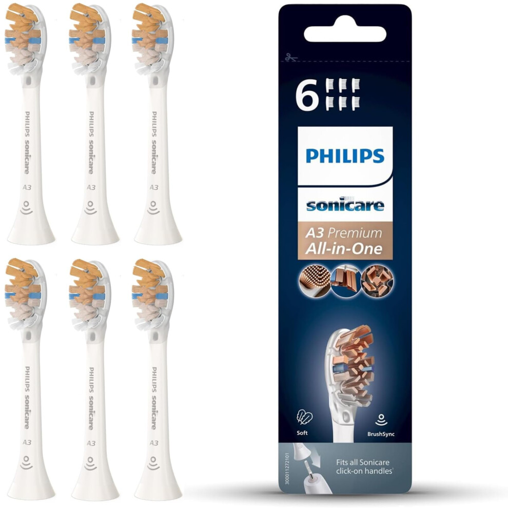 Sonicare Genuine A3 Premium All-in-One Replacement Electric Toothbrush Head â Pack of 6 Philips Sonicare Replacement Brush Heads in White (Model