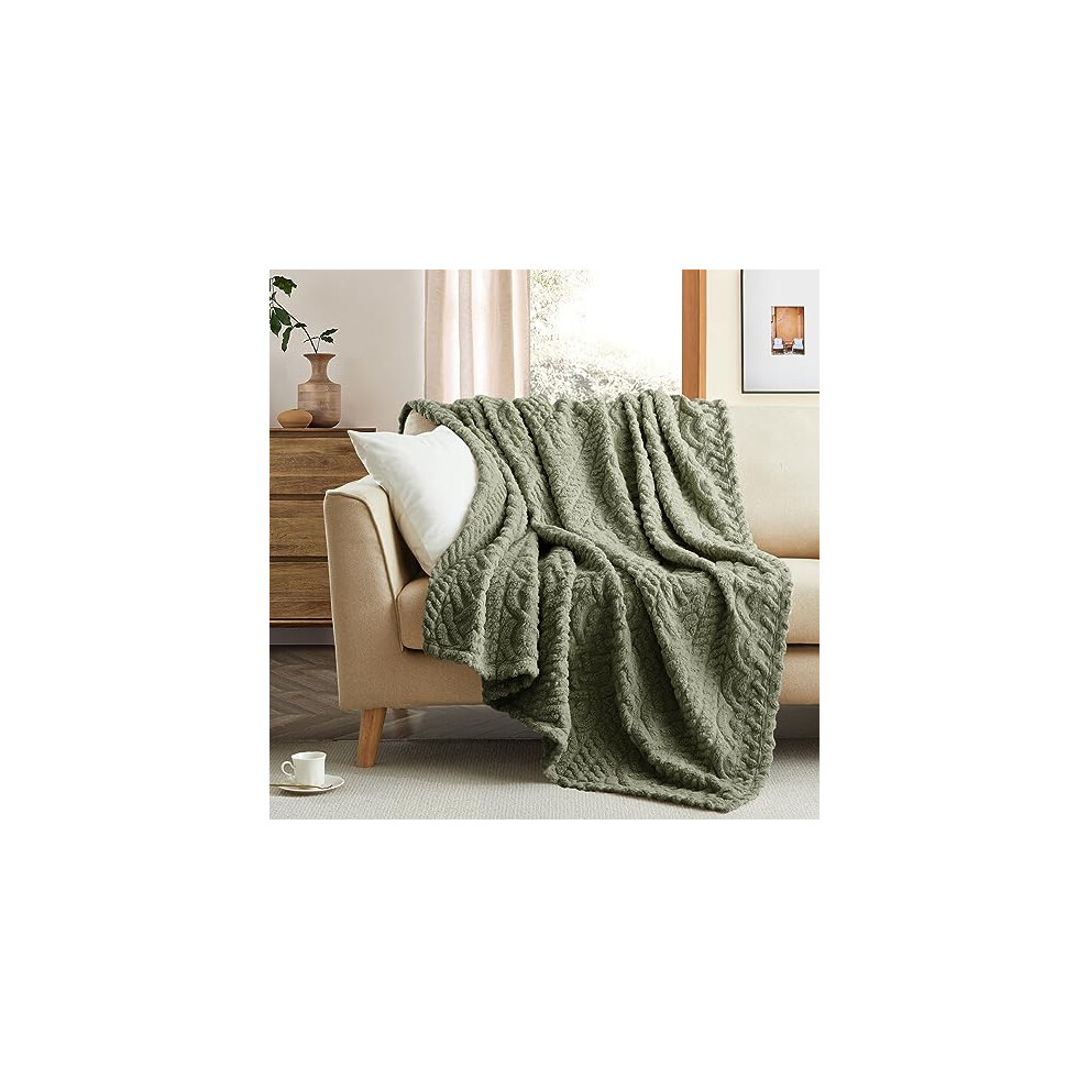 Sherpa Throw Blanket,Cable Pattern Decorative Soft Cozy Blanket for Couch Sofa,Light Weight Fleece Warm Throw Blanket for Bed,Olive Sage Green,127 x