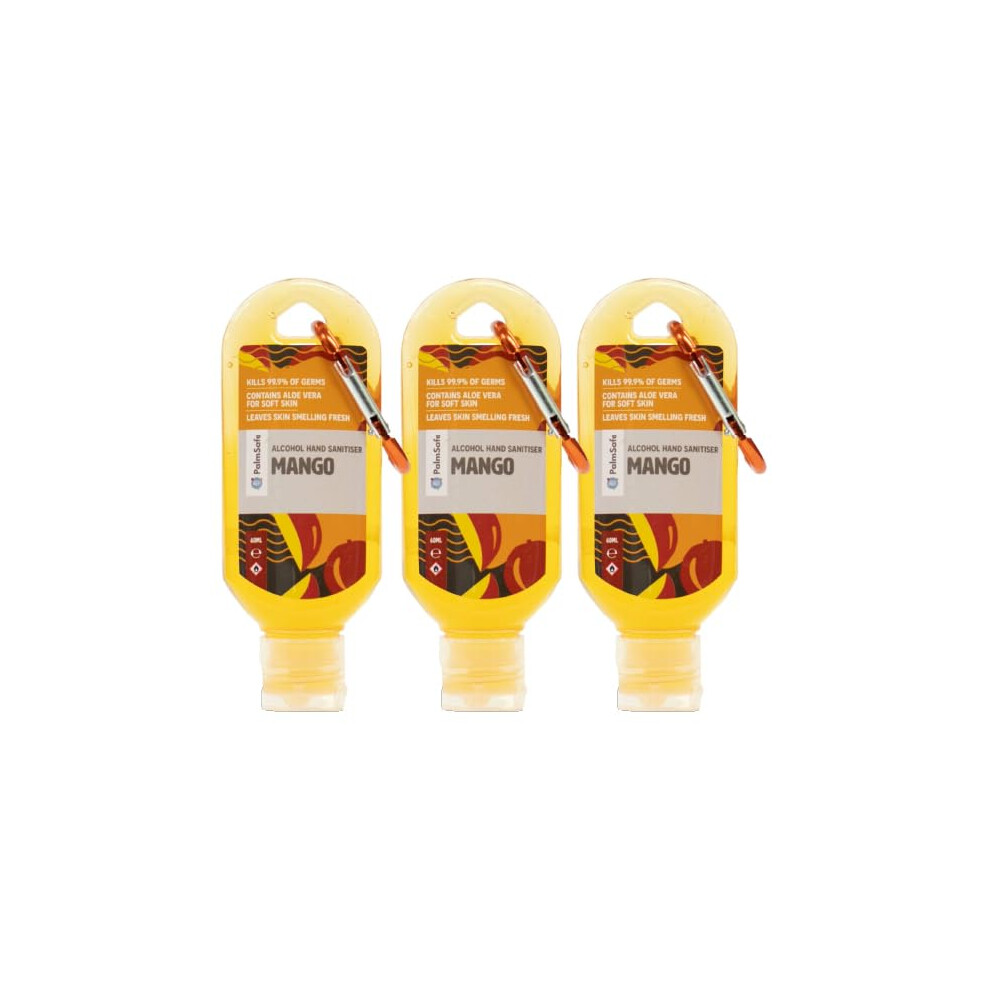 MangoPalm Safe Mango 3 Pack 60ml Anti Bacterial Premium Hand Sanitiser Travel Size Refillable Clip Bottle Quick Drying Non Sticky Extra Moisturising