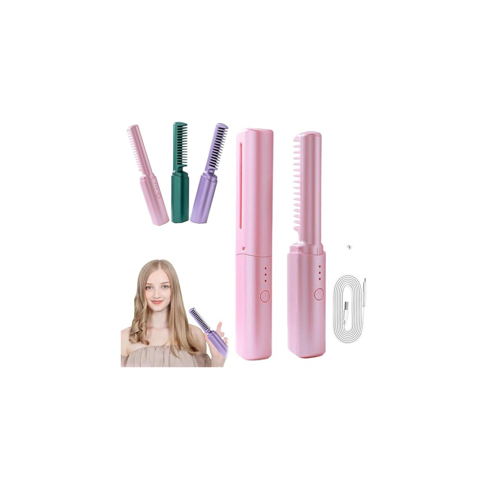 Rechargeable Mini Hair Straightener, 2 in 1 Anti-Scald Hair Straightener Brush and Curler,Portable USB Plug-in Small Hair Curler Iron,Ceramic Mini