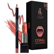 Set di matita labbra e rossetto BL Color Matched (corallo) - Set di rossetto e matita labbra Argan a lunga durata e copertura totale con oli natu