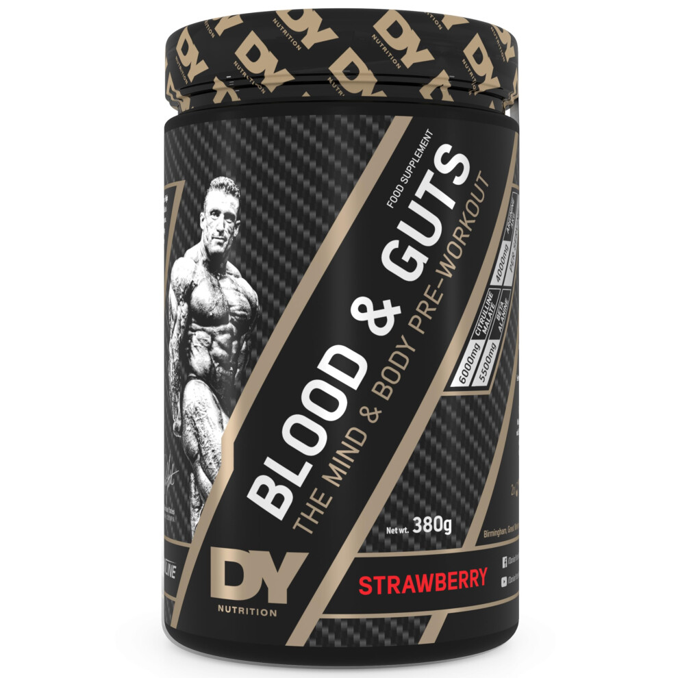 Dy Nutrition - Blood And Guts Pre Workout Powder, 380G (Strawberry) - High Strength Preworkout With 350Mg Caffeine, Citrulline Malate, Beta Alanine, Arginine Akg,
