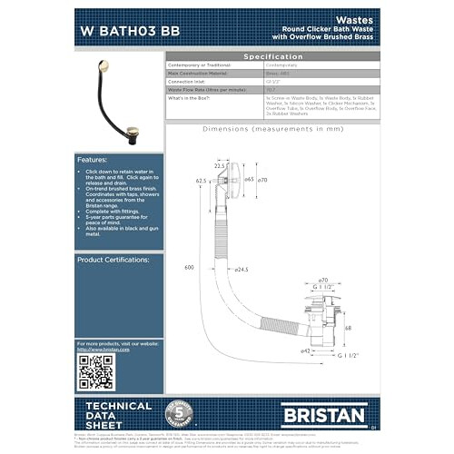 Bristan W BATH03 BB Round Clicker Bath Waste, Brushed Brass 1
