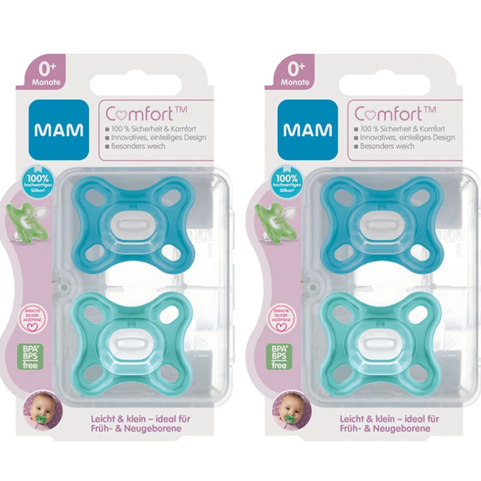 Comfort Dummy Mini X-Small 0+ Months Boys Blue, Hospital-Grade Silicone, Pack of 4, incl. 2 Travel Boxes