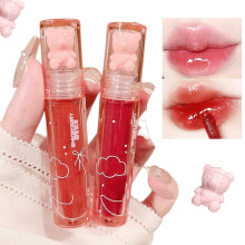 New Irven 2Pcs Bear Lip Glaze Jelly Lipstick Liquid Lipstick Cute Bear Lipgloss Moisturizing Lip Stain Plumping Water Lip Gloss Waterproof Long Lasti