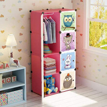 Cartoon Clothes Closet Wardrobe DIY Modular Storage Organizer, Sturdy and Safe for Children, 6 Cubes & 1 Hanging Sections, Pink, 75 x 47 x 147 cm