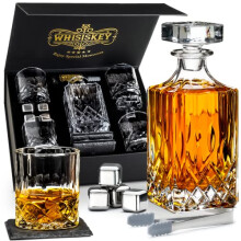 - Whiskey Decanter - Classic - 1000 ml - Whisky Carafe and Glass Set - Gifts for Men - Gift for Men - Inc. 4 Whiskey Glasses, 4 Whiskey Stones, Spout,