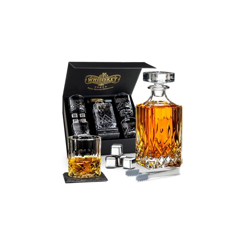 - Whiskey Decanter - Classic - 1000 ml - Whisky Carafe and Glass Set - Gifts for Men - Gift for Men - Inc. 4 Whiskey Glasses, 4 Whiskey Stones, Spout,