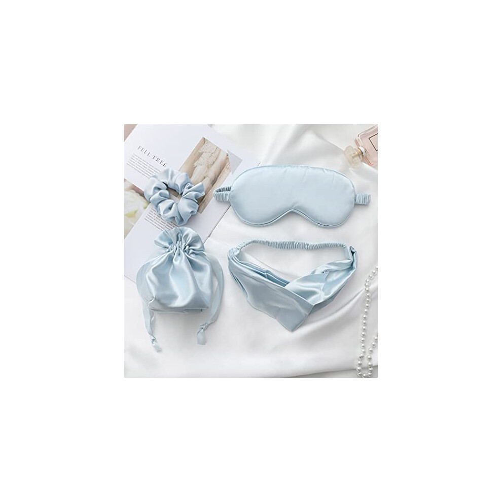 Iyou Blue Silk Sleep Masks Set With Headbands And Hair Scrunchies Mulberry Silk Eye Cover Stain Silk Travel Nap Blackout Sleeping Eye Mask For Women And