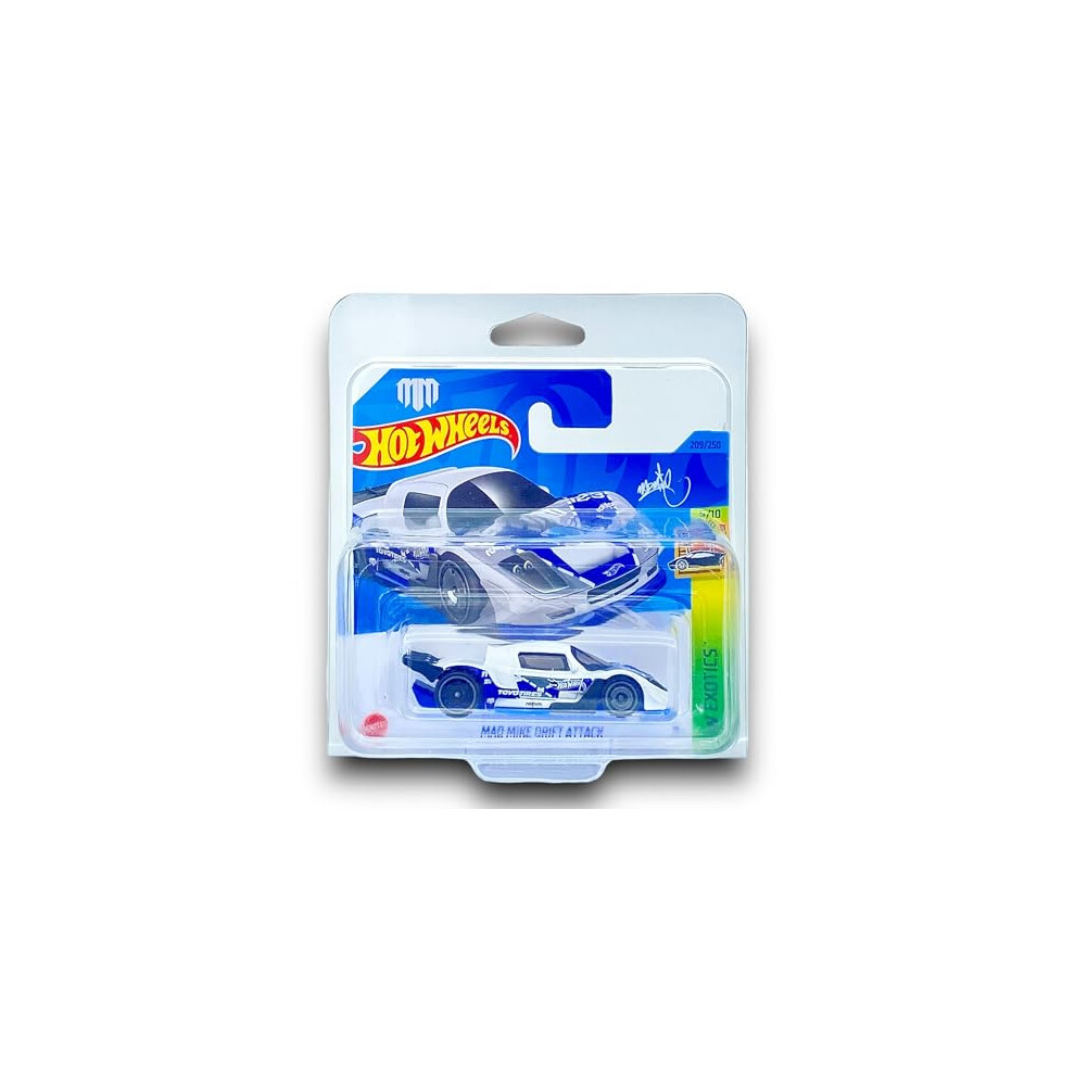 Hot Wheels Mad Mike Drift Attack (White & Blue) 5/10 Hw Exotics - 2023-209/250 (Short Card) - Comes In A Klas Car Keeper Short Card Protector Case - Hkg58