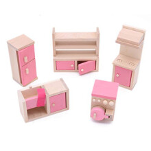 Wooden Doll House Furniture Set Toy for Baby Kids Children Fridge Sink Cupboard Stove Washing Machine Kitchen Room